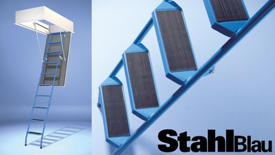 Abbildung: Wellhöfer Bodentreppe StahlBlau. Die dreiteilige Bodentreppe für besondere Ansprüche.