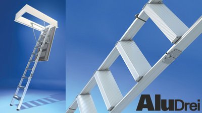 Abbildung: Wellhöfer Bodentreppe AluDrei - Für höchste Belastbarkeit.  Stabile und leichte 3-teilige Bodentreppe aus Aluminium.
